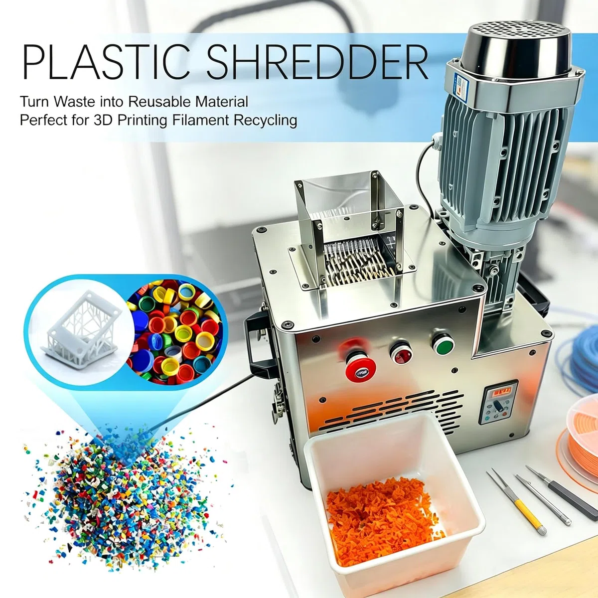 Kunststoff-Aktenvernichter, 1,5 kW elektrische Schleifmaschine zum Recycling, unterstützt Druckreste, 10–20 kg/h Kapazität, produziert ~ 5 mm Pellets für Extrusion und Formen