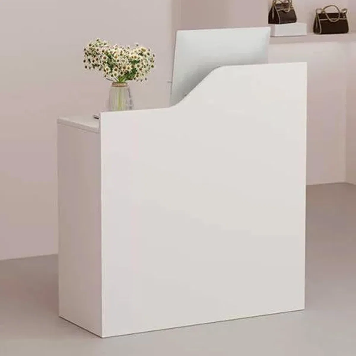 Eleganter weißer Empfangstisch mit abschließbaren Schubladen und Tastaturablage, moderner Thekentisch für Hallen, Salons, Geschäfte und Heimbüros