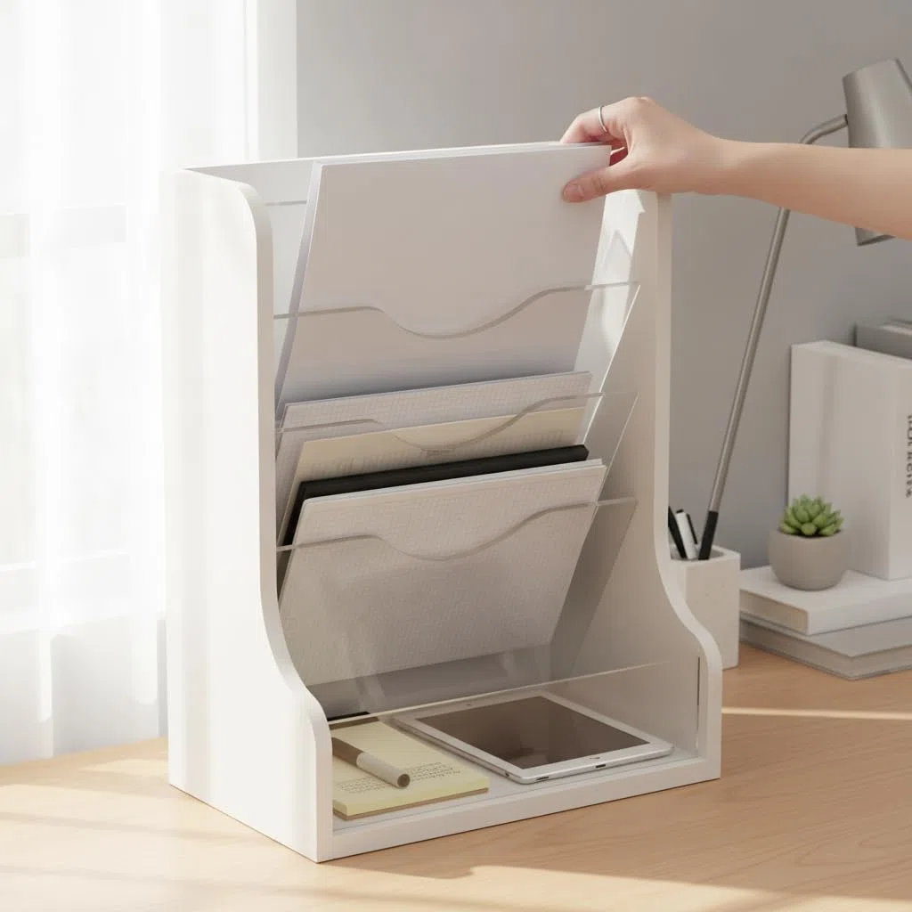 Dokumentenablage, Schreibtisch-Organizer , L-02 Holzmaserung-Transparent