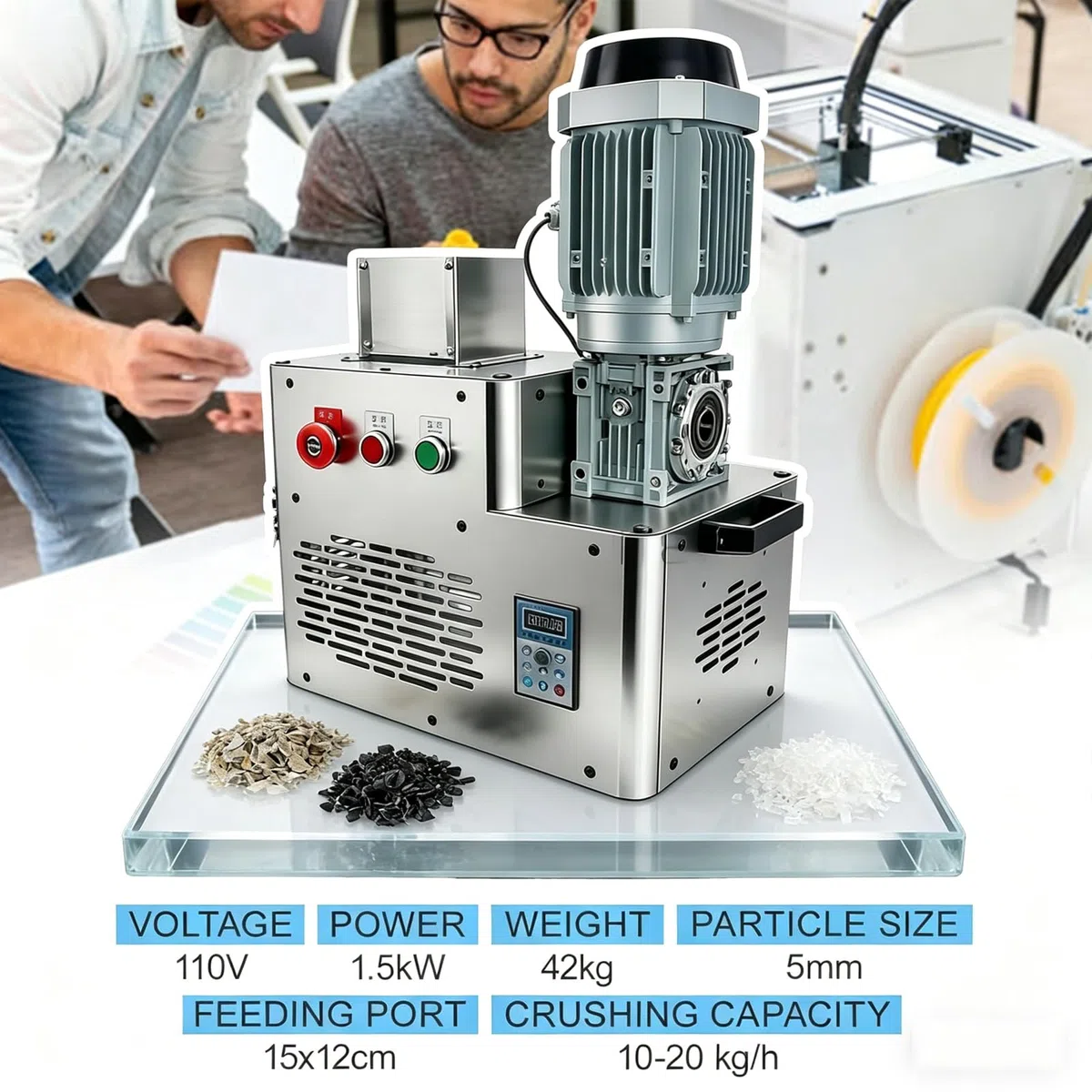 Kunststoff-Aktenvernichter, 1,5 kW elektrische Schleifmaschine zum Recycling, unterstützt Druckreste, 10–20 kg/h Kapazität, produziert ~ 5 mm Pellets für Extrusion und Formen