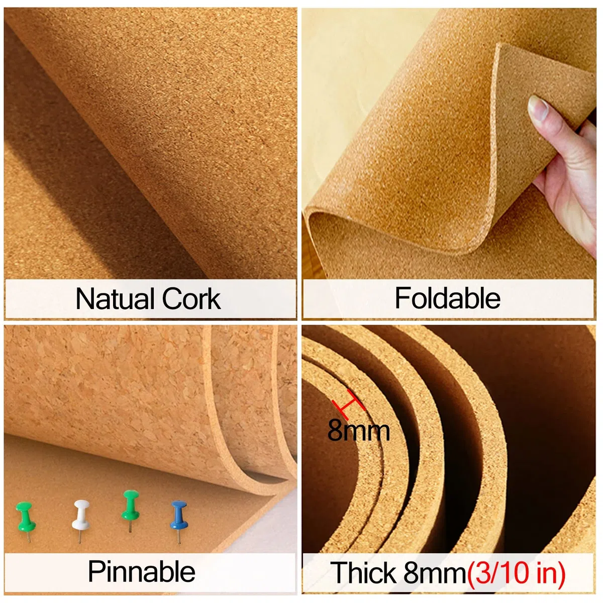 Pinnbare Wandtafel für Zuhause, Büro, Arbeitsplatz, selbstklebende Korktafelrolle für Haus, Küche, Wohnheim, Kirche oder Klassenzimmer, strapazierfähiges Schaufenster-Bilderblatt (Farbe: 8 mm, Größe