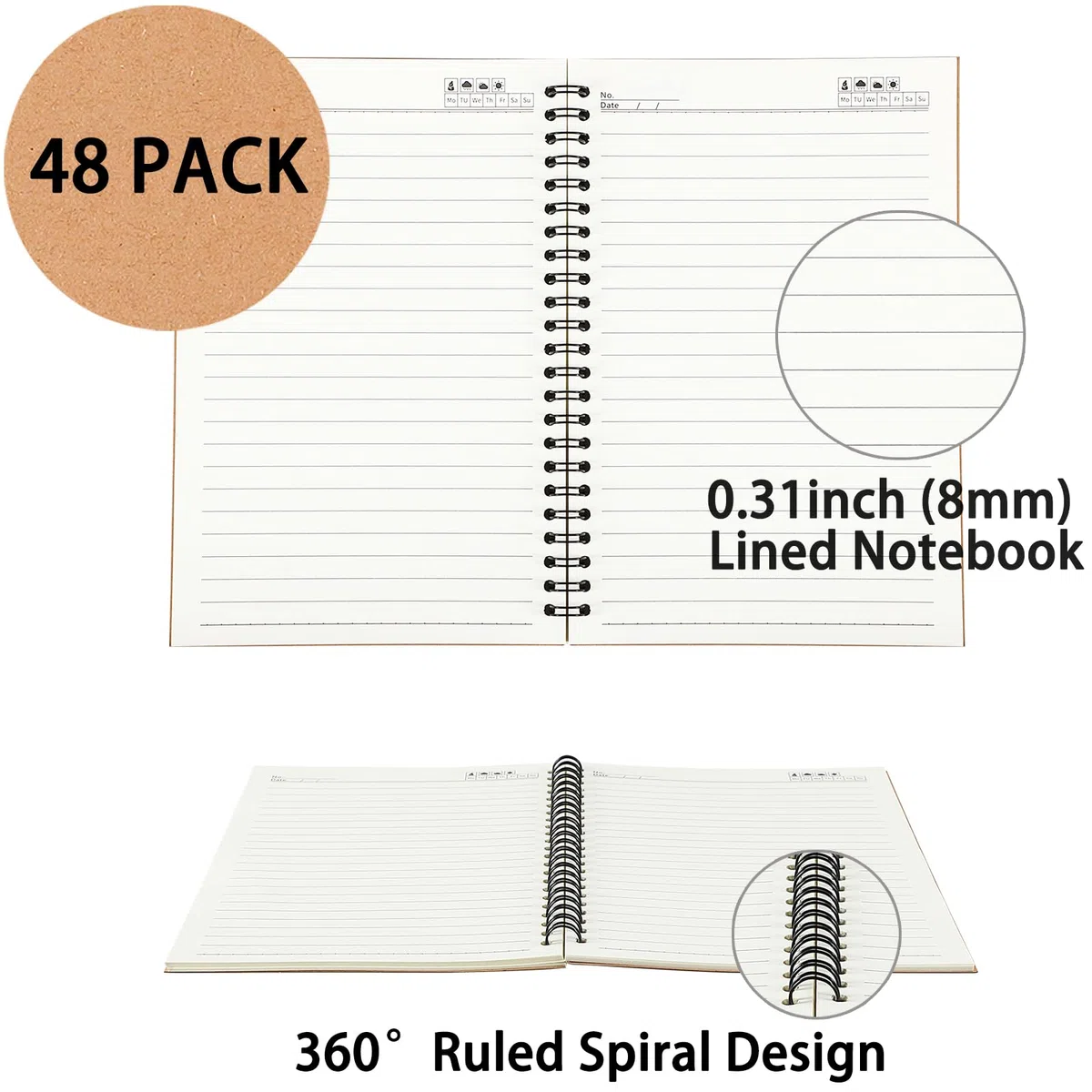 YOTNUS 48 Stück A5 Spiralnotizbücher Tagebuch mit Krafteinband, 12,7 x 20,3 cm, liniertes Papier, für Arbeit, Skizzen, Studium, Notizen, Geschenke, braun (24 Stück (liniert))