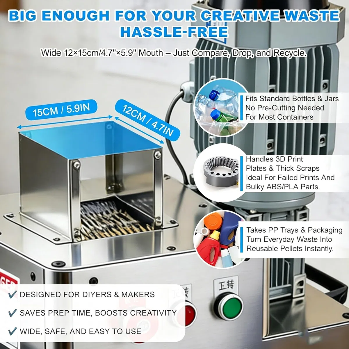 Kunststoff-Aktenvernichter, 1,5 kW elektrische Schleifmaschine zum Recycling, unterstützt Druckreste, 10–20 kg/h Kapazität, produziert ~ 5 mm Pellets für Extrusion und Formen